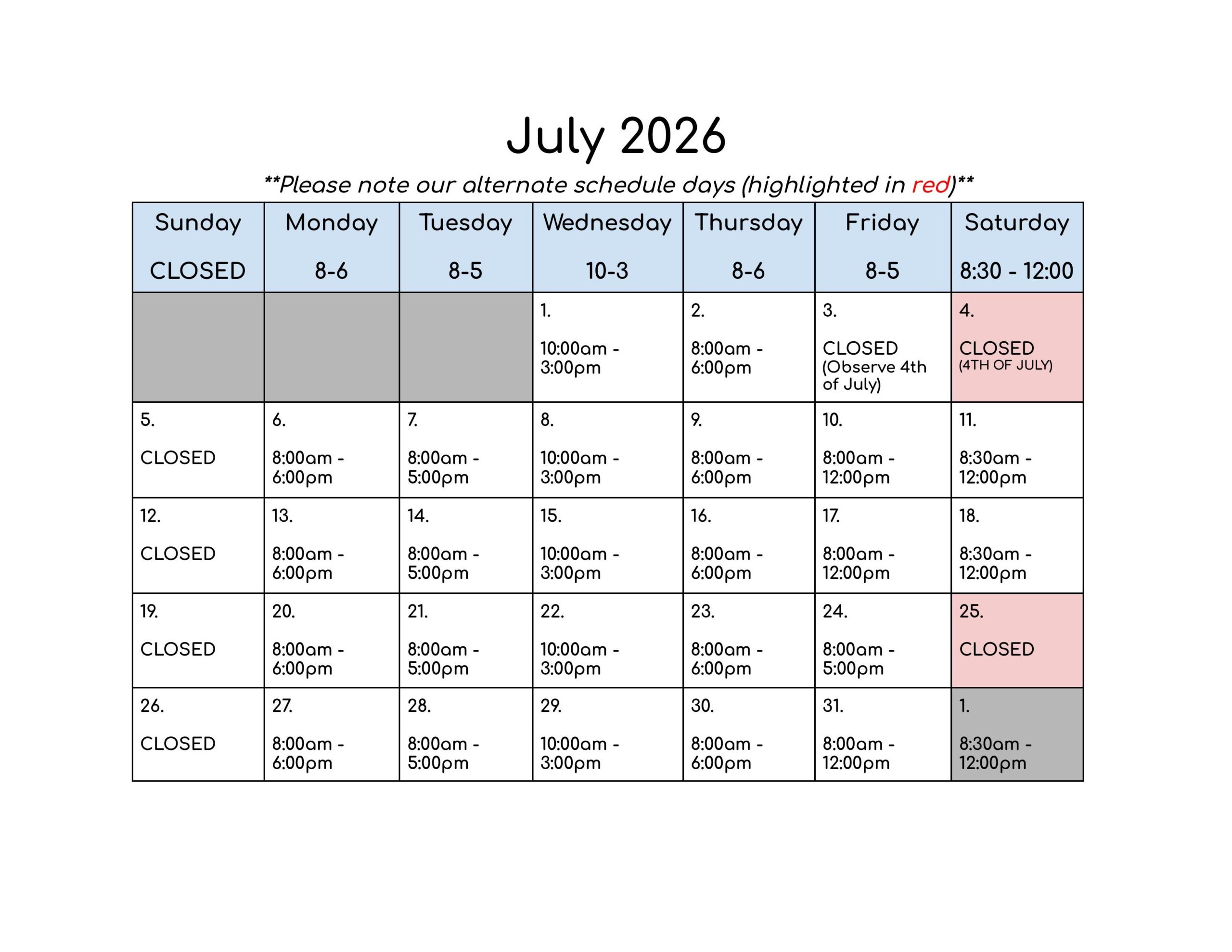 July Schedule 2026