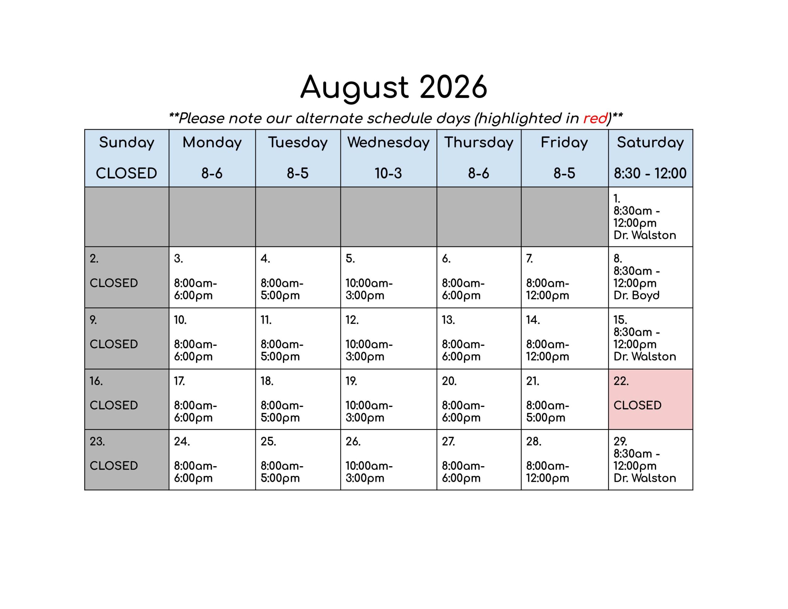 August Daily Schedule 2026